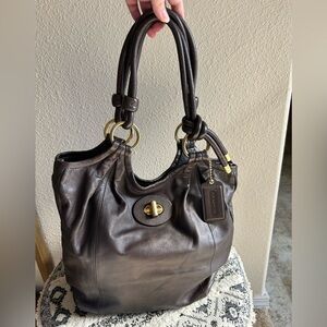Coach Parker Brown Shiny Soft Leather Turn Lock & Knot Shopper Handbag